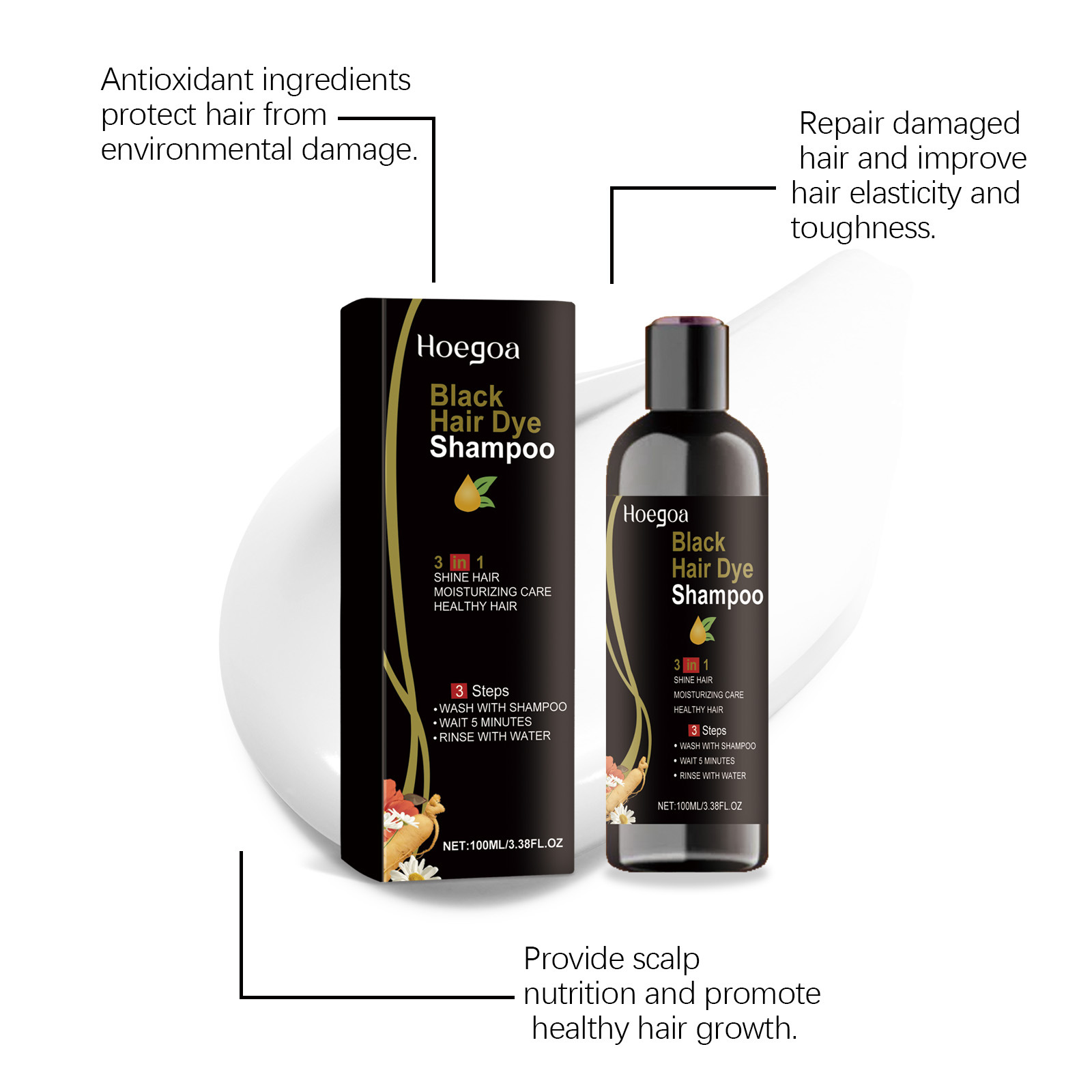 Hair Care Step - Natürliches Kräuter-Schwarzhaarfarbe-Shampoo 3-Schritte Schnelle Grauabdeckung Haarfärbeshampoo